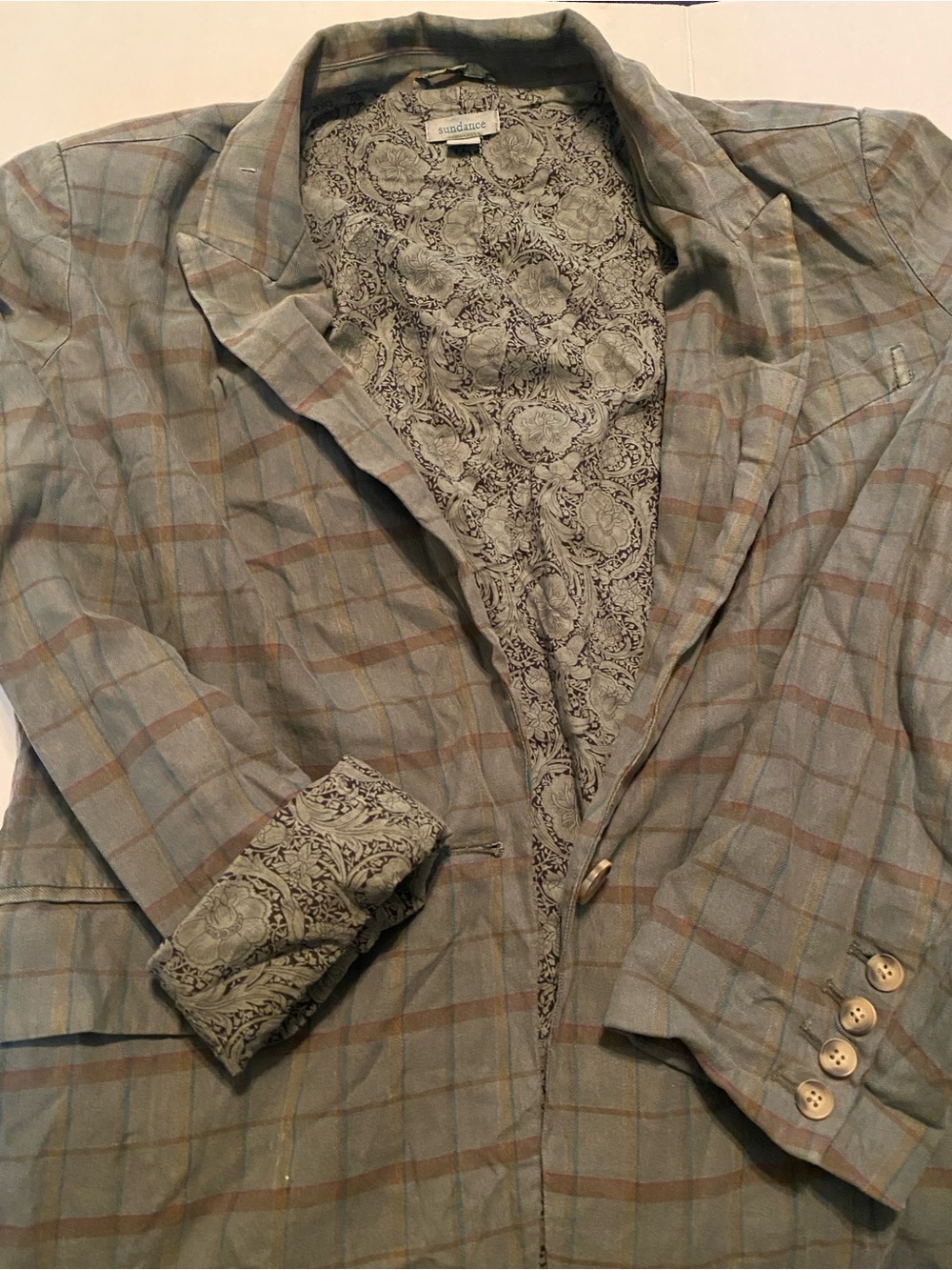 Sundance Plaid Linen-Blend Blazer in Sage and Taupe
